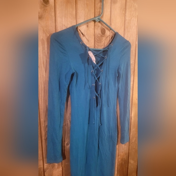 NEW# FOREVER 21 Small TEAL Calf-length long-sleeved bodycon MIDI dress - Picture 3 of 6